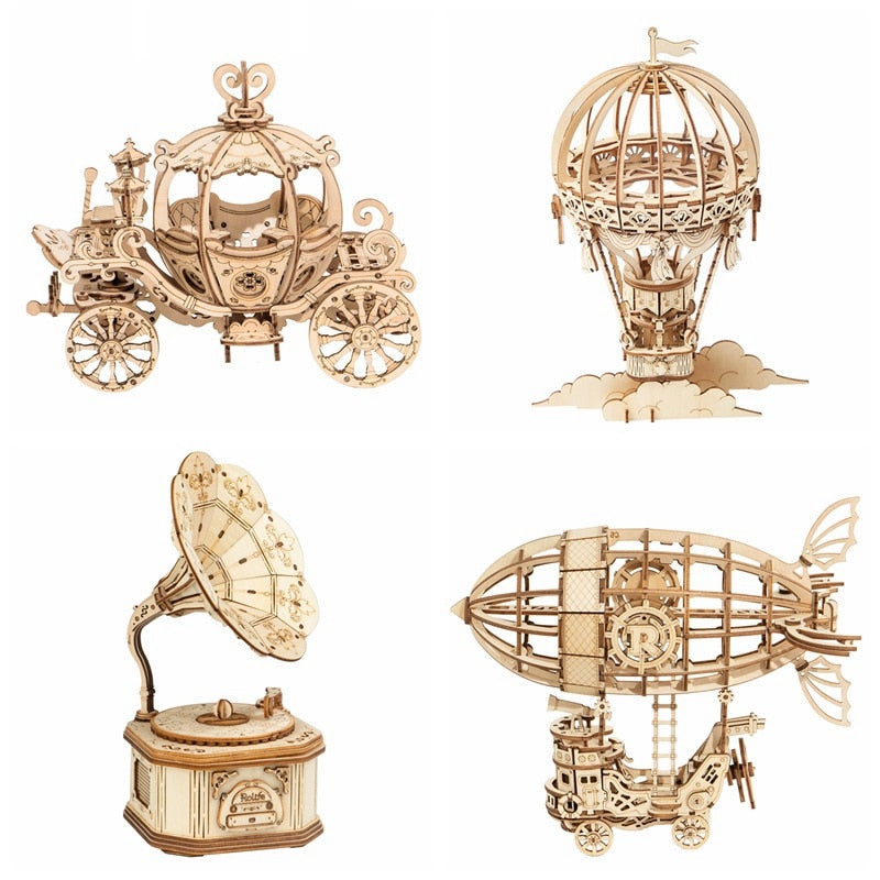 Robotime New Arrival DIY 3D Gramophone Box,Pumpkin Cart Wooden Puzzle Game Assembly Popular Toy TG408