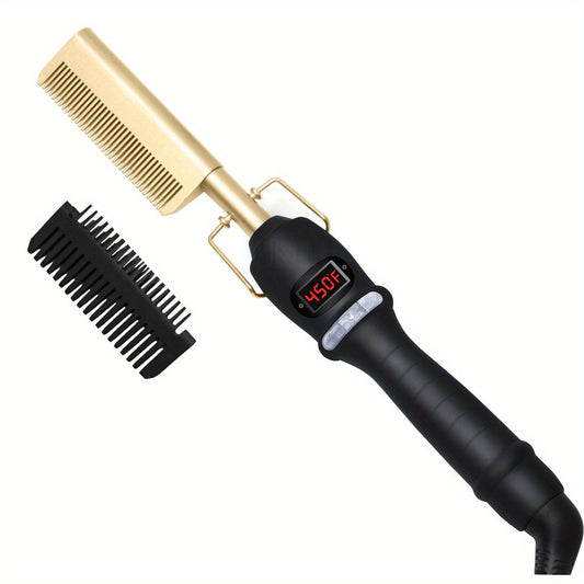 Hot Comb Electric Digital Display Hot Comb Professional High Heat Ceramic Hair Press Comb, Multifunctional Copper Hair Straightener For Thick Hair - Gold (US 100V)