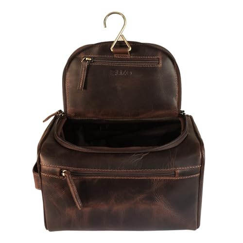 ELIZO Premium REAL Leather Toiletry Bag for Men Dopp Kitt Hanging Mens Toiletry Large TSA Toiletries Bag Shaving Grooming Bag Organizer Teak