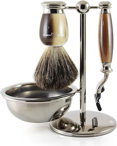 Edwin Jagger S81M582BAMZ Imitation Light Horn & Nickel Classic Shaving Set with Bowl with a Pure Badger Shaving Brush and Mach 3 Razor for Shaving Cream or Soap for Men