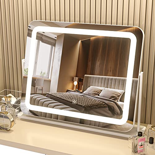 PRIMETEK Makeup Vanity Mirror with Lights - Large Lighted Mirror for Desk, Bedroom, Dressing Room Tabletop, Light Up Mirror with Dimmable 3-Color Led, Magnification, Memory Function (White-22 x19)