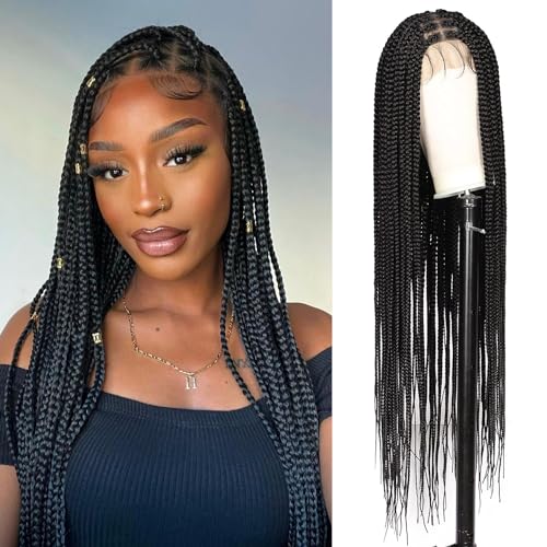 Kalyss 36" Box Braids Wigs Lace Front Braided Wigs with Baby Hair Square Knotless Braided Wig Black Embroidery Full Double Lace Braided Wigs for Black Women