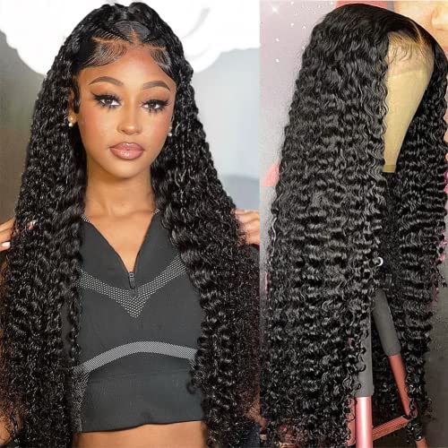 JADEFLO 13x4 Deep Wave 24 inch Lace Front Wigs Human Hair Pre Plucked with Baby Hair 180 Density Curly lace frontal Wigs for Women Human Hair HD Lace Deep Wave Frontal Wig Natural Color (24 Inch)