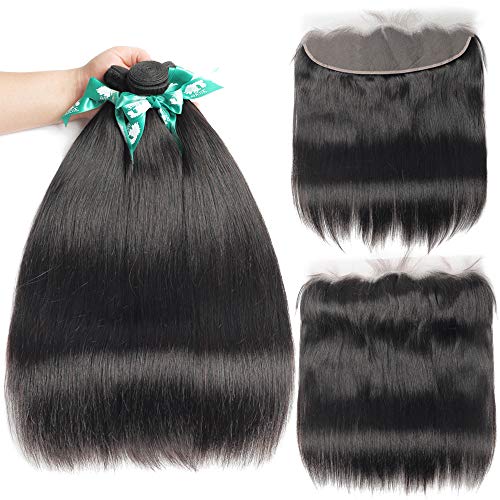 Beauhair Brazilian Straight Hair 3 Bundles With Frontal Closure(14 16 18+14Frontal) 13x4 Ear to Ear Lace Frontal Closure With Bundles Unprocessed Virgin Human Hair Bundles With Frontal Natural Color