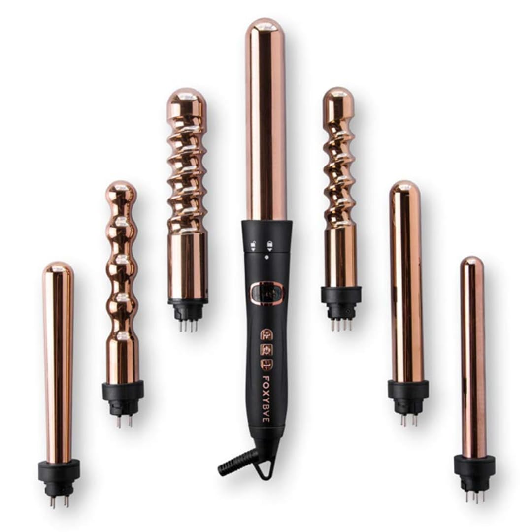 Foxybae 7-In-1 Curling Wand Set - Le’se7en Professional Black & Rose Gold Hair Curling Wand - 7 Interchangeable Curling Iron Set - Titanium Hair Wand Curler With LCD Display for Temperature Control