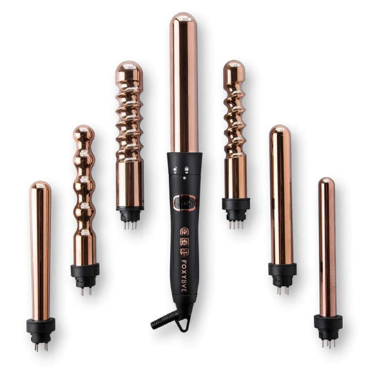 Foxybae 7-In-1 Curling Wand Set - Le’se7en Professional Black & Rose Gold Hair Curling Wand - 7 Interchangeable Curling Iron Set - Titanium Hair Wand Curler With LCD Display for Temperature Control