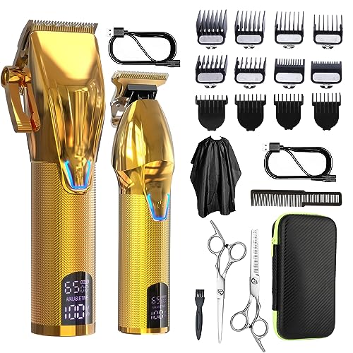 Dumite Cordless Hair Clippers for Men,Professional Hair Clippers Trimmer Kit,Barber Fading Clipper and Zero Gap T-Blade Trimmer Set with LED Display for Mens Gifts(Gold)