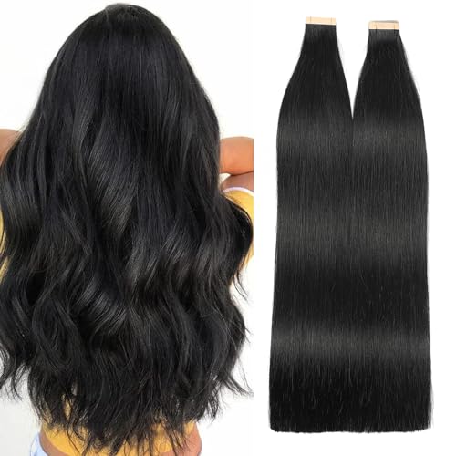 Jet Black Tape in Hair Extensions, IVCoco 40pcs 16 Inch 80g Straight Tape Ins for Women Seamless Tape in Hair Extensions Human Hair Invisible Remy Tape in Hair Extensions Human Hair (1#, 16inch)