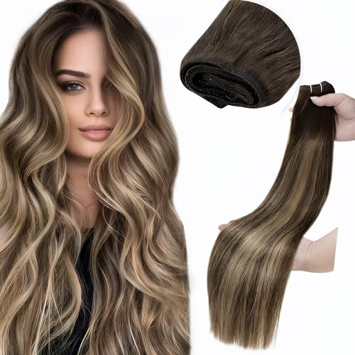 LaaVoo Brown Weft Hair Extensions Real Human Hair 20inch Balayage Medium Brown Fading to Caramel Brown Hand Tied 100g Weft Hair Extension Human Hair Natural Real Hair Extensions