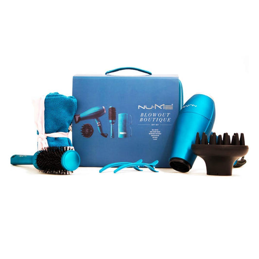 NuMe Blowout Boutique - Ionic Bold Hair Dryer and Accessories - Diffuser, Concentrator, 32mm Ionic Round Brush, Microfiber Hair Wrap, 2 Styling Clips, Travel Case