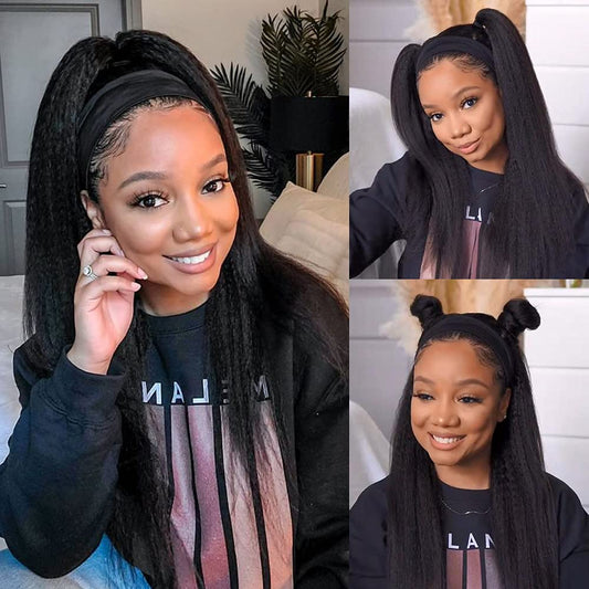 Y WIGS Kinky Straight Headband Wigs Human Hair Glueless Headband Wigs for Black Women None Lace Front Human Hair Wig 150% Density 18inch