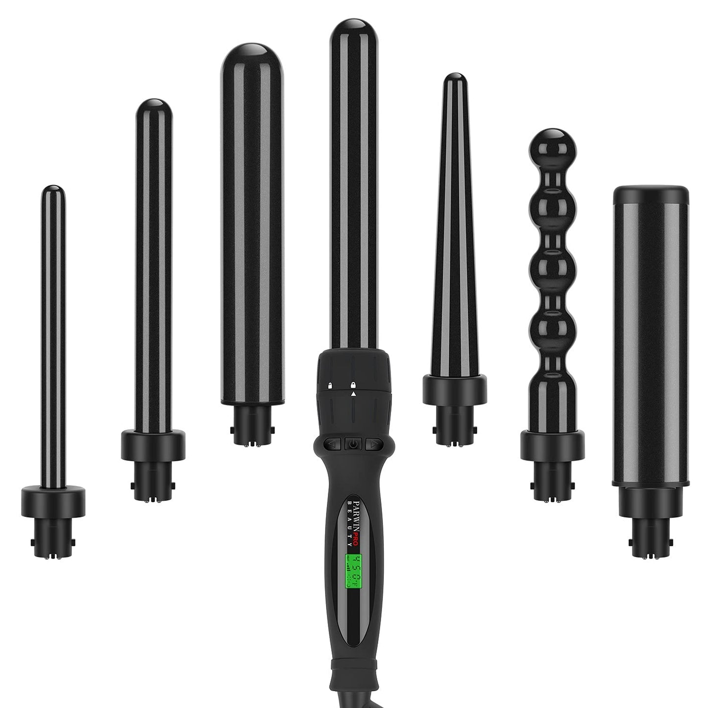 PARWIN PRO BEAUTY Curling Iron Set 7 in 1 Interchangeable Barrels Dual Voltage Hair Curler LCD Display Tourmaline Ceramic Curling Iron with Heat Resistant Glove, Black