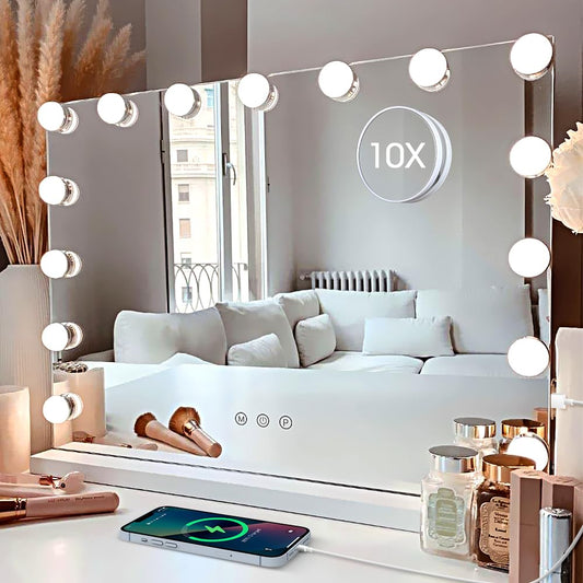 Kottova Vanity Mirror with Lights,Makeup Mirror with Lights,23" x 18.1" Hollywood Makeup Mirror with 15 Dimmable LED Bulbs,3 Colors Modes,Touch Control,USB Charging Port,Metal Frame,White