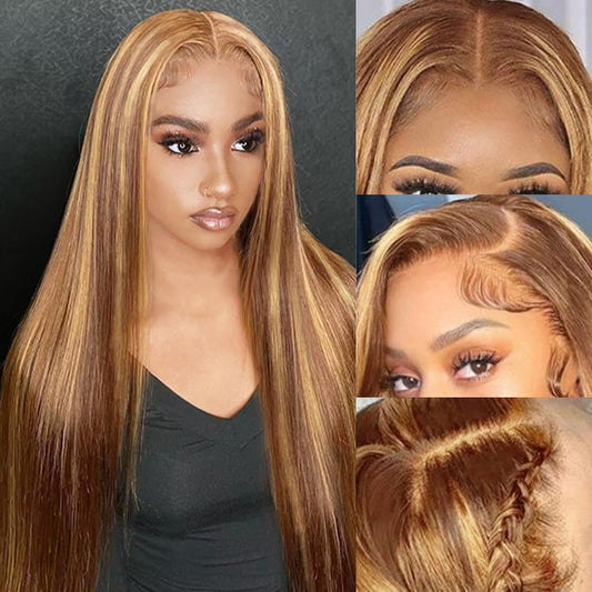 Highlight Ombre Lace Front Wig Human Hair Pre Plucked 13x4 HD Transparent 4/27 Honey Blonde lace frontal Wigs with Baby Hair 150% Density Colored Straight Lace Front wig Human Hair for Women 18Inch