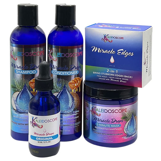 Kaleidoscope - Miracle Drops Collection – Coconut Milk, Honey & Aloe Vera, Rice Water Moisturizing Blend – Shampoo, Conditioner, 3 Minute Mask, Miracle Edges, Original Miracle Drops – Hair Care Styling Bundle 5 Pcs Set