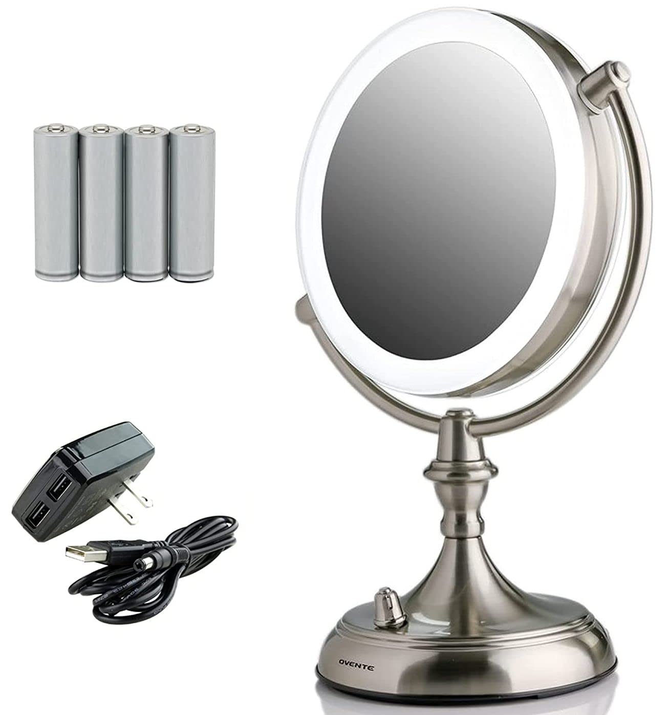 Ovente 7.5" Lighted Tabletop Makeup Mirror, 1X & 10X Magnifier, Adjustable Spinning Double Sided Round LED, Dimmer Switch, Battery USB Powered, Vanity & Skin Care, Nickel Brushed MGT75BR1X10X
