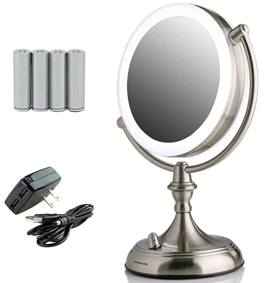 Ovente 7.5" Lighted Tabletop Makeup Mirror, 1X & 10X Magnifier, Adjustable Spinning Double Sided Round LED, Dimmer Switch, Battery USB Powered, Vanity & Skin Care, Nickel Brushed MGT75BR1X10X