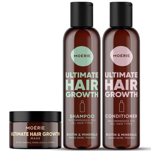 Moerie Ultimate Mineral Shampoo and Conditioner Plus Hair Mask – Volumizing Hair Care Set – For Longer, Thicker, Fuller Hair - Vegan Friendly Hair Growth Products – Paraben & Silicone Free - 3 items