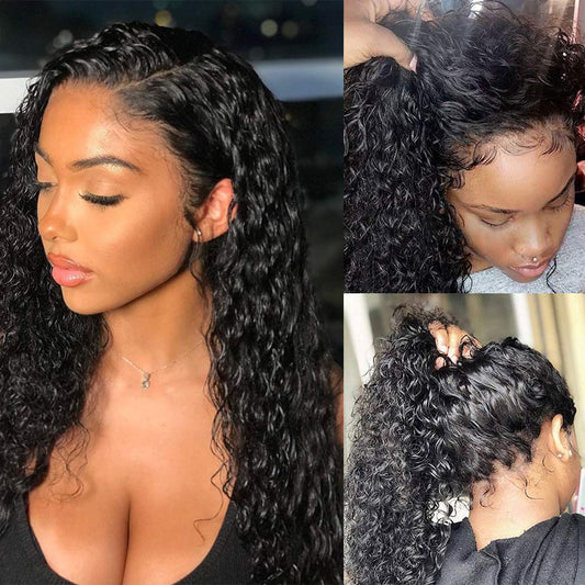 Pizazz 13x4 Human Hair Lace Front Wigs for Black Women Glueless 180 Density HD Transparent Deep Wave Frontal wig with Baby Hair Pre Plucked Bleached Knots(14 Inch, Black color)