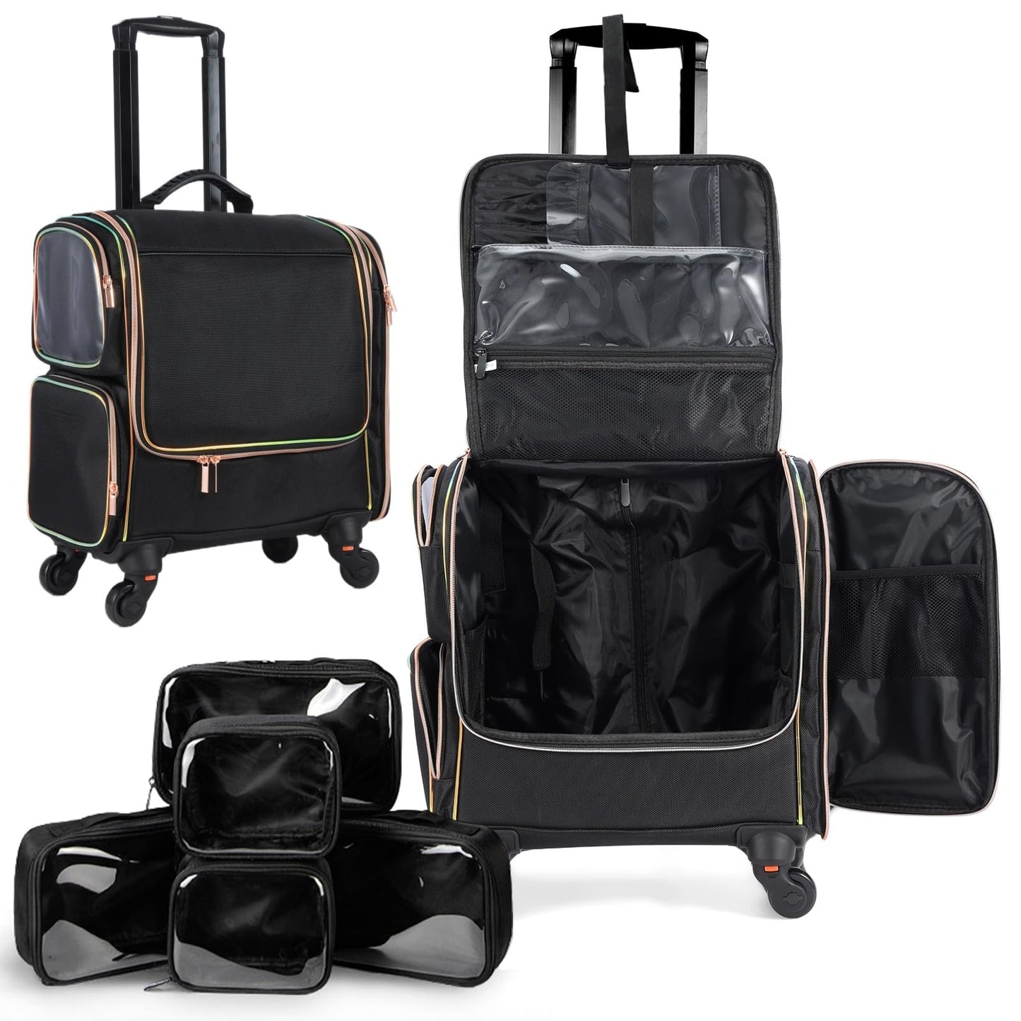 Faquenc Rolling Makeup Train Case, Professional Makeup Case, Travel Cosmetic Trolley Make Up Storage Bag for Makeup Artist, Hair-styling, with 5 PVC Bags