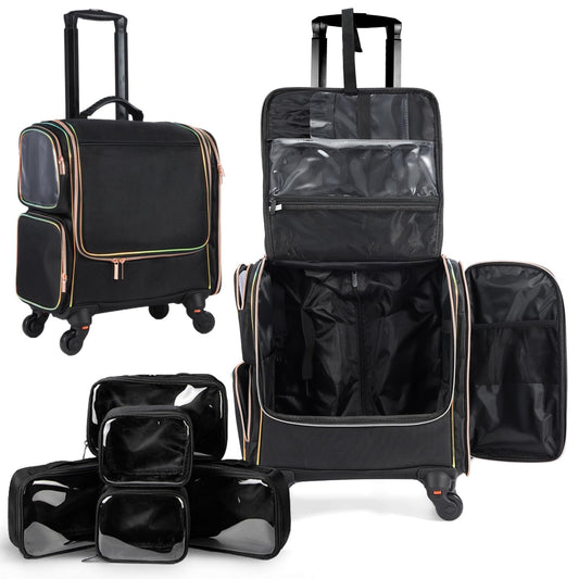 Faquenc Rolling Makeup Train Case, Professional Makeup Case, Travel Cosmetic Trolley Make Up Storage Bag for Makeup Artist, Hair-styling, with 5 PVC Bags