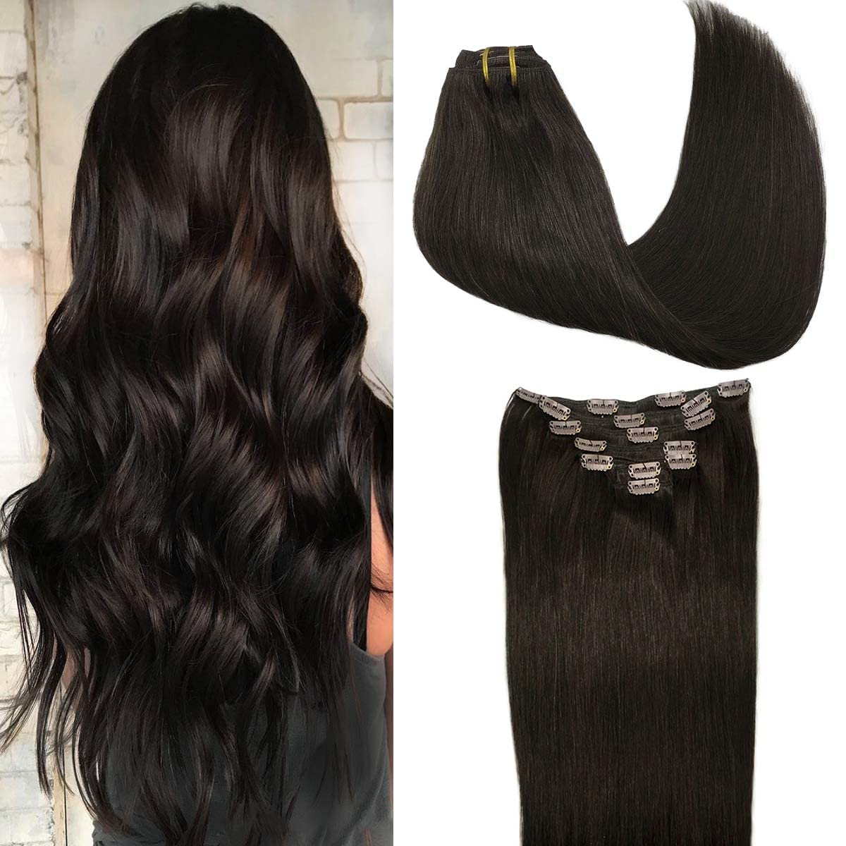 GOO GOO Clip-in Hair Extensions for Women, Soft & Natural, Handmade Real Human Hair Extensions, Dark Brown, Long, Straight #2, 7pcs 120g 18 inches