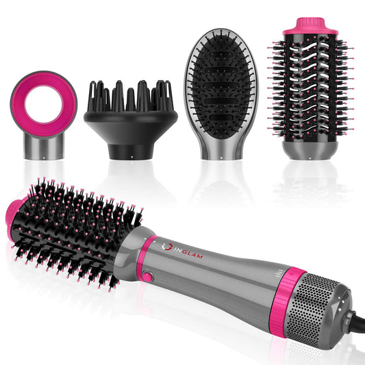 IG INGLAM 4 in 1 Blowout Brush, Negative Ion Detachable Hair Dryer & Styler Volumizer Hot Air Brush with 2 Styling Brush Heads, Silver