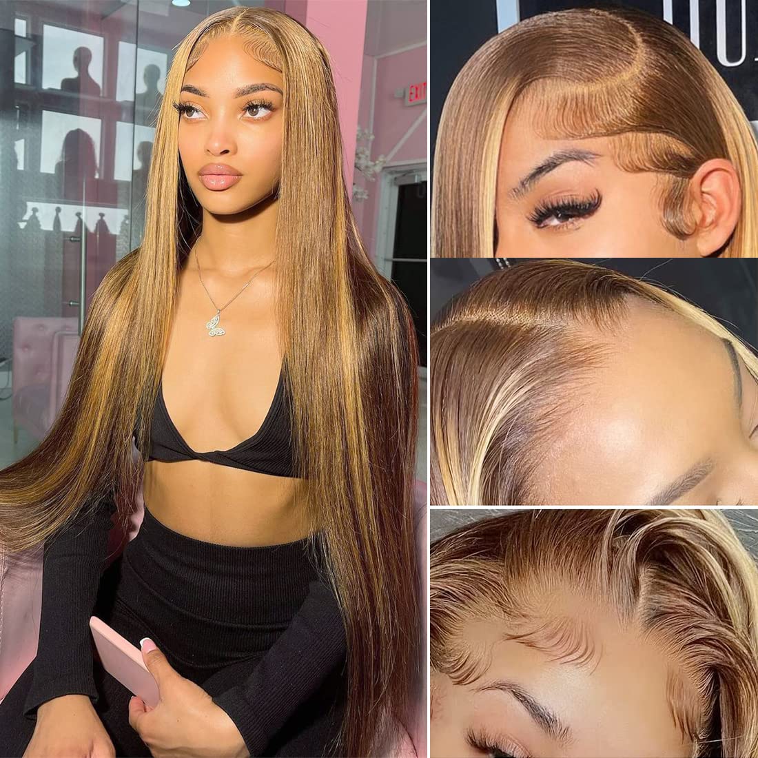 Lakin Highlight Ombre Lace Front Wigs Human Hair Pre Plucked Hairline with Baby Hair Bleached Knots 180 Density 4/27 4x4 Glueless Lace Closure Straight wig Human Hair Wigs for Black Women (22 inch)