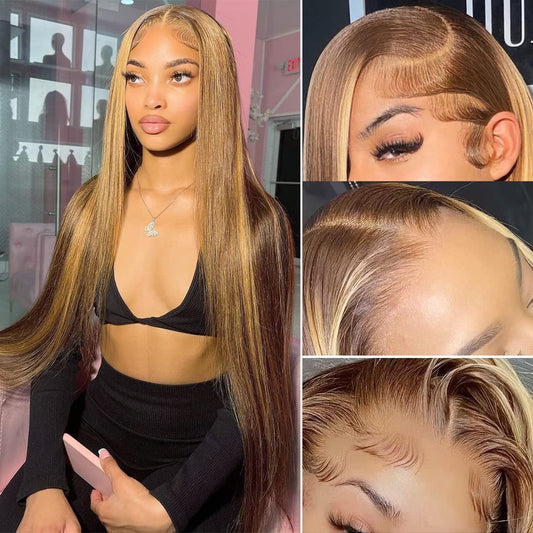 Lakin Highlight Ombre Lace Front Wigs Human Hair Pre Plucked Hairline with Baby Hair Bleached Knots 180 Density 4/27 4x4 Glueless Lace Closure Straight wig Human Hair Wigs for Black Women (22 inch)
