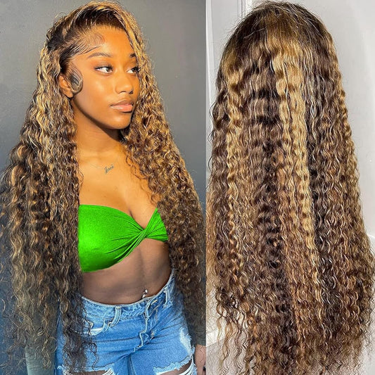 Highlight Ombre Lace Front Wig Human Hair 26 Inch 13X4 Deep Wave Honey Blonde Glueless Pre Plucked HD Lace Frontal Wigs 180% Density Curly Water Wave Wigs