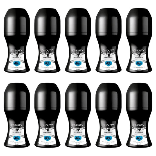 On Duty Invisible Men's Antiperspirant Roll On Deodorant 50 ml, Formula that does not cause yellow stains on clothes, Protective barrier against sweat with Dry pore technology (Pack Of 10)