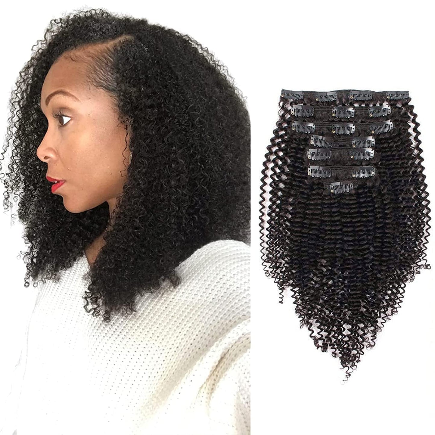ABH AmazingBeauty Hair Kinkys Curly Clip in Human Hair Extensions Double Weft Thick 3C and 4A Type Natural Black Volume 120 Gram 18 Inch for Bantu Knotted, Twisted Out