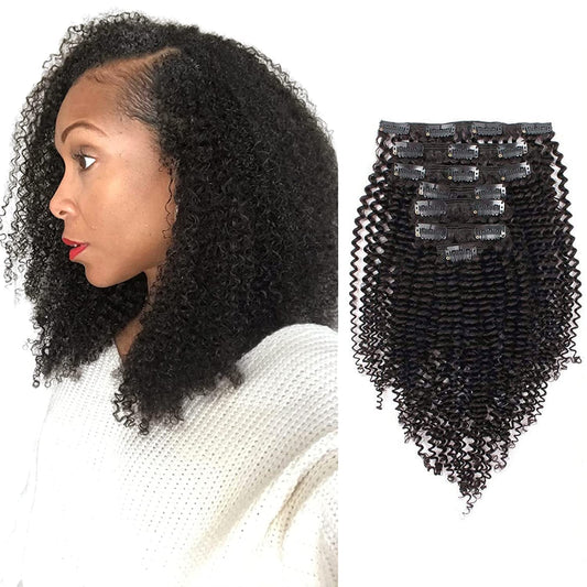 ABH AmazingBeauty Hair Kinkys Curly Clip in Human Hair Extensions Double Weft Thick 3C and 4A Type Natural Black Volume 120 Gram 18 Inch for Bantu Knotted, Twisted Out