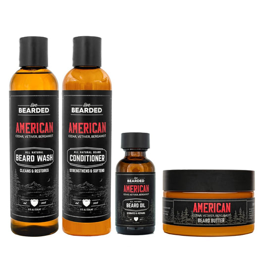 Live Bearded Complete Beard Grooming Kit, Made in the USA with All-Natural Ingredients - Beard Wash, Conditioner, Beard Butter & Beard Oil Kit - Mens Beard Grooming Set, in Scent American