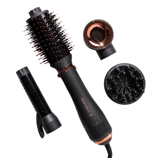 Foxybae Rose Gold Super Styler - 4 in 1 Blow Dryer Brush Set - Includes Diffuser, Blowout Brush, Curling Barrel, & Drying Cylinder - Hot Tools, Blow Dryer Brush, Straightener, and Curler