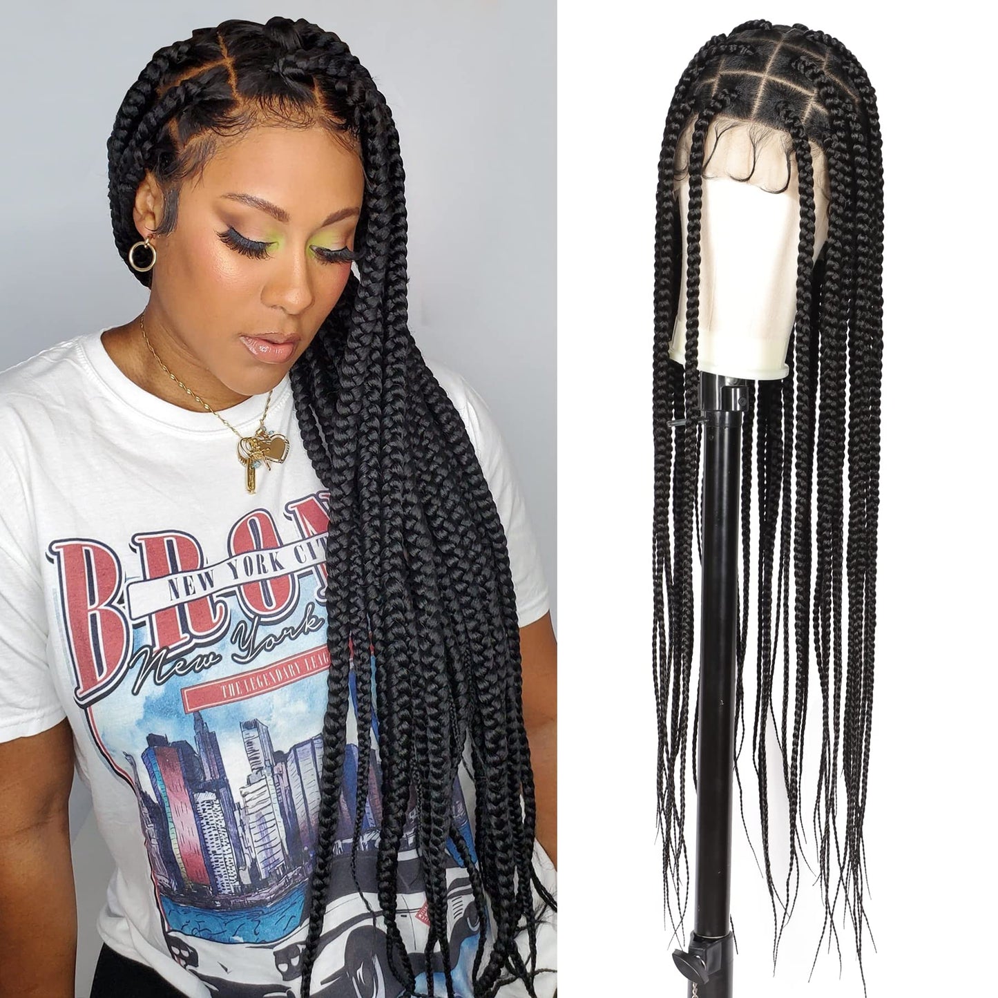 Lexqui 36" Large Knotless Box Braided Wigs for Women Braided Lace Wigs Synthetic Braided Lace Front Wigs Embroidery Full Double Lace Braid Wig with Baby Hair Long Black