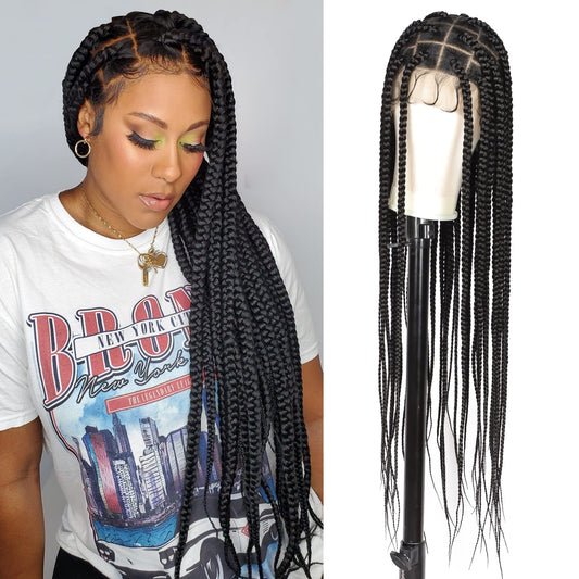Lexqui 36" Large Knotless Box Braided Wigs for Women Braided Lace Wigs Synthetic Braided Lace Front Wigs Embroidery Full Double Lace Braid Wig with Baby Hair Long Black