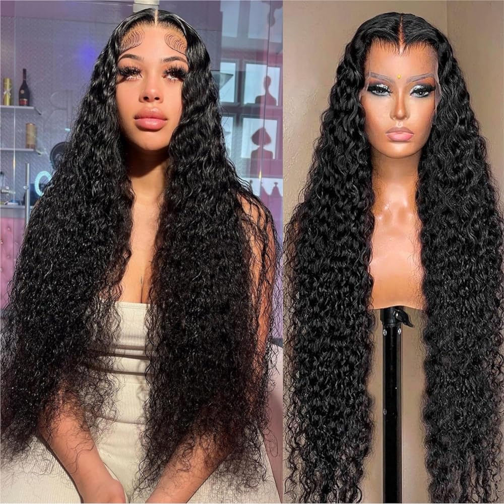 28Inch Water Wave Lace Front Wigs Pre Plucked Baby Hair 13X4 Transparent Water Wave Lace Frontal Wigs 150% Density Black Women Brazilian Virgin Natural Black
