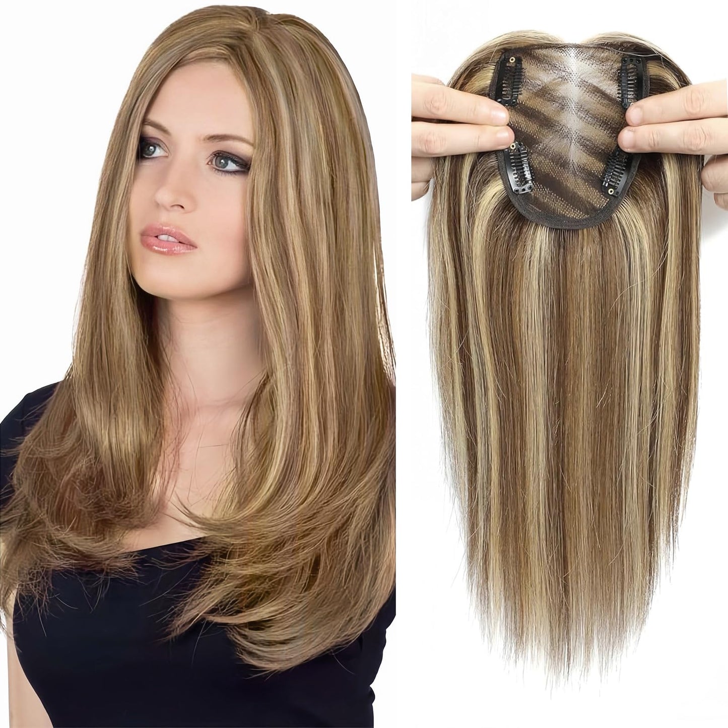 Hair Toppers for Women Real Human hair Handmade Upgrade 10*12CM Swiss Base Human Hair Toppers 120% Density Clip in Topper Hairpieces Wiglet Top Hair Pieces for Women with Thinning Hair(12inch,4/27#)