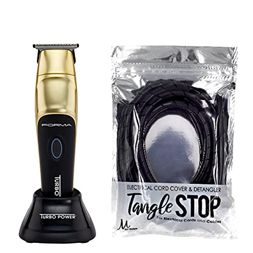 M Hair Designs Turbo Power Forma Professional Trimmer with Black Diamond DLC Blade Cord/Cordless and Tangle Stop Cord Cover Detangler Black (Bundle - 2 Items)