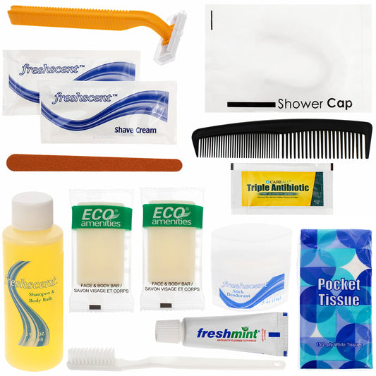 Moda West 24 Kits - Bulk Case of Wholesale Deluxe 15 Piece Toiletry Kit for Men, Women, Travel, Charity
