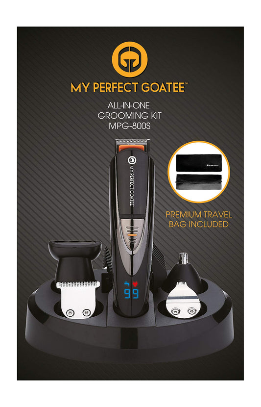 My Perfect Goatee®️ 13-in-1 Mens Grooming Kit - LED Display Beard Trimming Kit with Travel Bag, Charging Stand, & More - Waterproof, Cordless Electric Trimmer for Nose, Body, & More – Ideal Gift Set