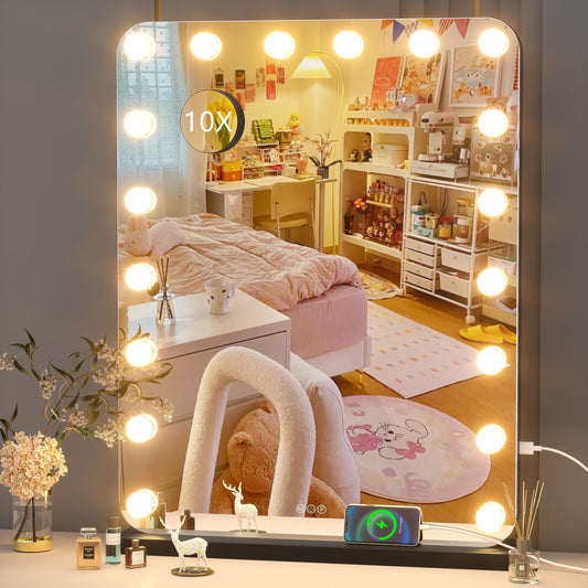Hasipu Vanity Mirror with Lights, 22" x 28" Hollywood Mirror, Makeup Mirror with 18 Dimmable Bulbs and 10X Magnification, 3 Colors Modes, Touch Control, USB Charging Port, Black