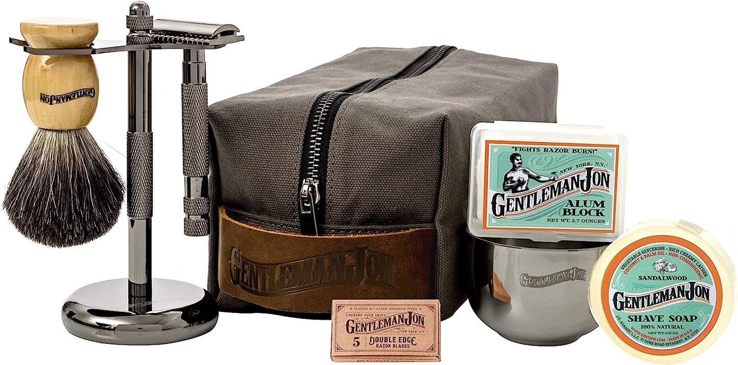 Deluxe Vintage Wet Shave Grooming Set for Men - Safety Razor, Brush, Alum Block, Soap, Bowl, Blades, Stand & Dopp Kit