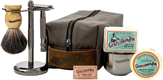 Deluxe Vintage Wet Shave Grooming Set for Men - Safety Razor, Brush, Alum Block, Soap, Bowl, Blades, Stand & Dopp Kit