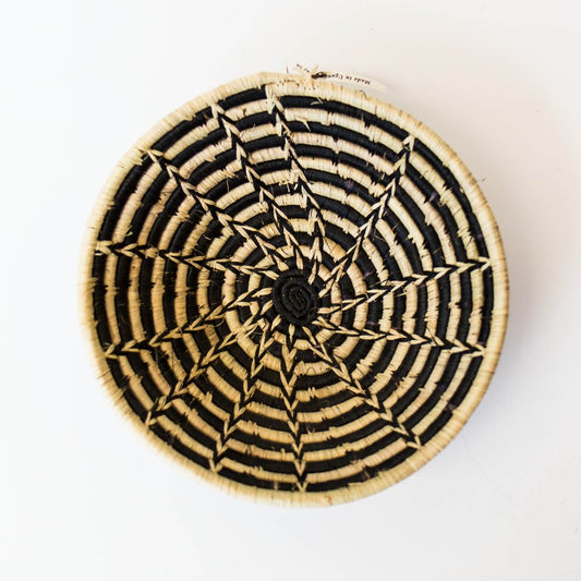 Grass-Woven Basket, Black & Natural Wheel Pattern